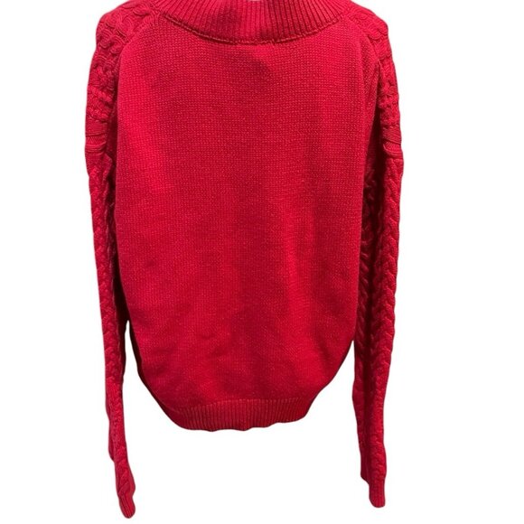 Lumiere Red Cable Knit Fisherman Sweater Size Large Thick Chunky V-Neck Boxy - Picture 4 of 9